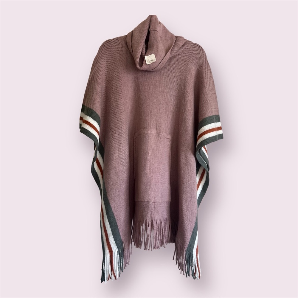 Cato Mauve Hooded Poncho with Fringe - Picture 3 of 12